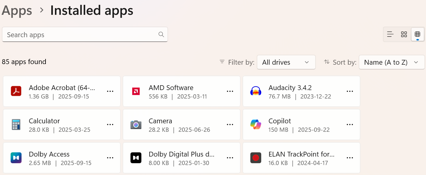 Settings Apps Tiled result