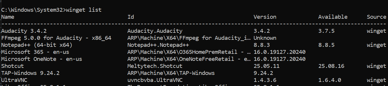 WINGET LIST result