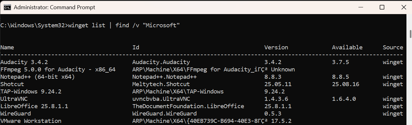 WINGET LIST without Microsoft result