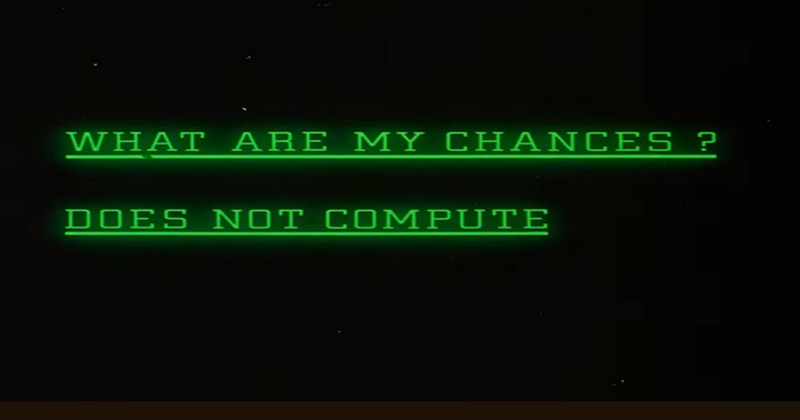 Screenshot from the movie Alien (1979) when Captain Dallas asks the computer Mother about the crew's chances.