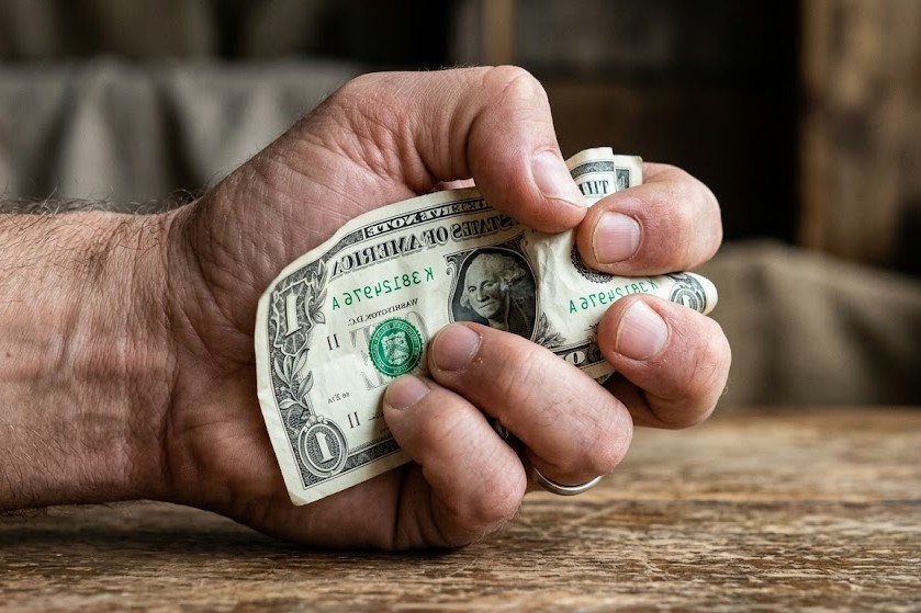 Photo showing a user holding a crinkled dollar bill, symbolizing cheap cyber security.