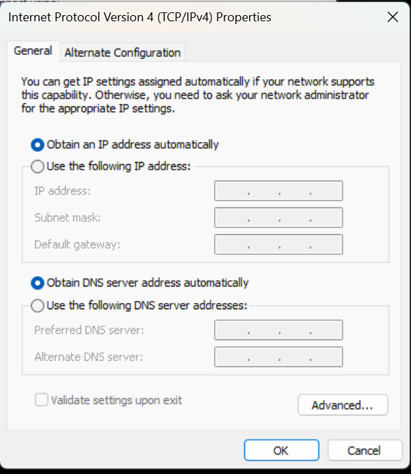 Wi-Fi interface TCP properties including DNS services