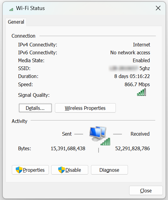 Wi-Fi interface network properties menu