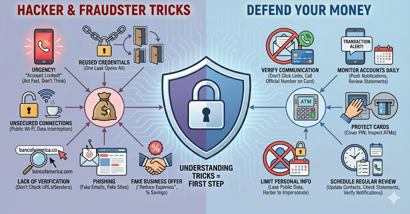 A picture showing the attack methods on the left and defences on the right.