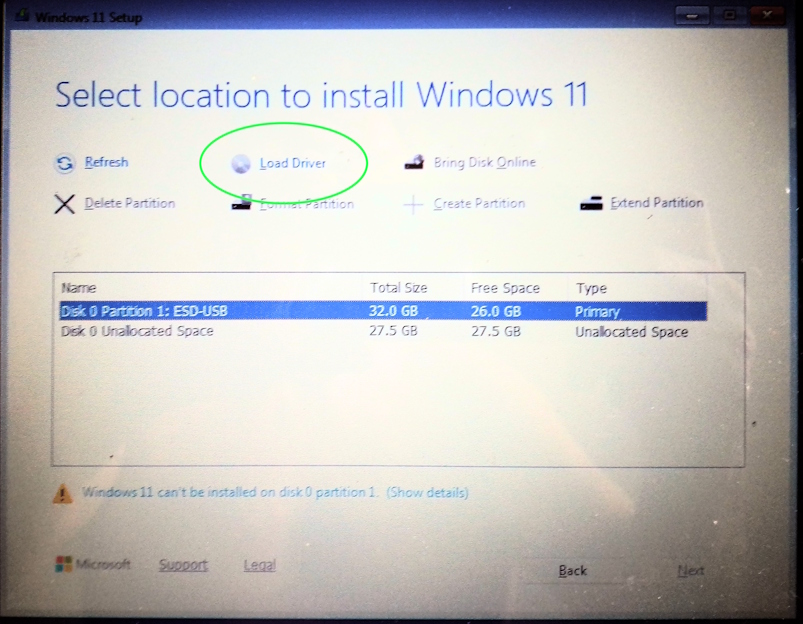 Dialog for choosing location to install Windows or add a device driver.