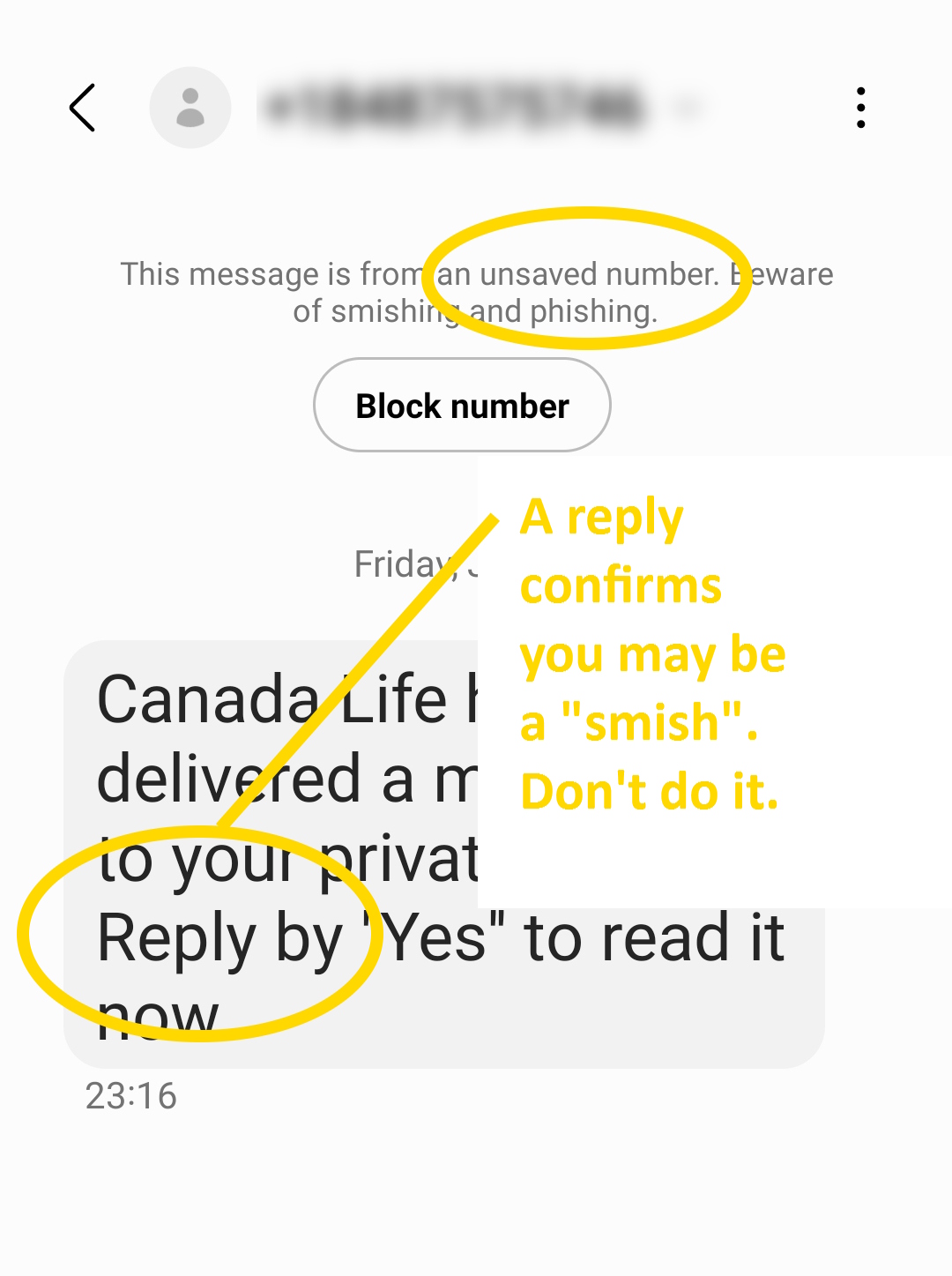 Fake Canada Life text message